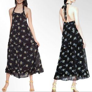 Who What Wear Floral Tiered Halter Maxi Dress Black